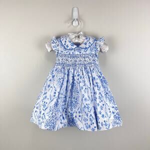 Anavini Hand Smocked Blue Floral Dress 9 Months
